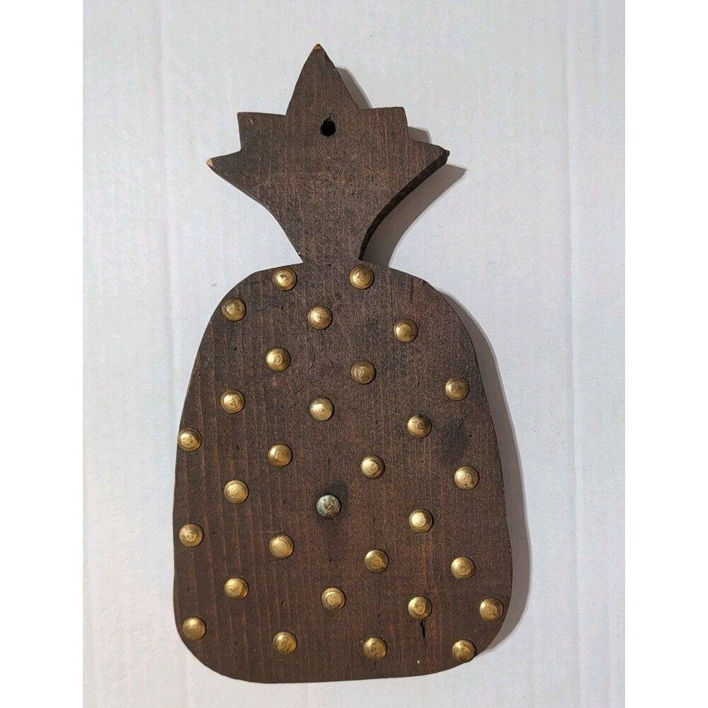 Vintage Brass Studded Wooden Pineapple Trivet Hot Pad Kitchen Decor MCM
